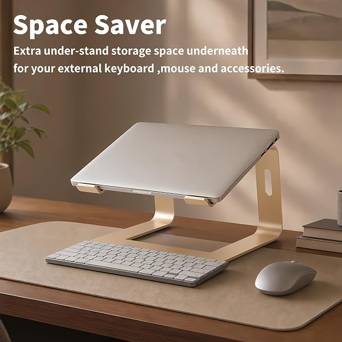Orionstar Ergonomic Laptop Stand, Premium 5mm Aluminum Riser for 10-15.6 Inch Notebook Computer, Tool-Free Detachable Elevator Holder for Desk Office, Sturdy Riser for Eye-Level Neck Relief (Gold)