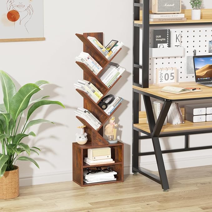 SHEEPAM 10 Tier Tree Bookshelf,Floor Standing Wood Tall Bookcase for Narrow Space, Storage Organizer Bookshelves for Books, Book Case for CDs/Movies/Books,Home Office,Living Room, Bedroom