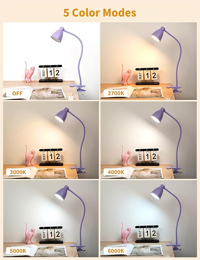 BOHON Desk Lamp with Clamp Clip on Light 5 Color 10 Brightness Lilac Purple | 10W 38 LED Flexible Gooseneck Clip Lamp, Auto Off Timer, Desk Lights for Office Home Bed Bedside Reading