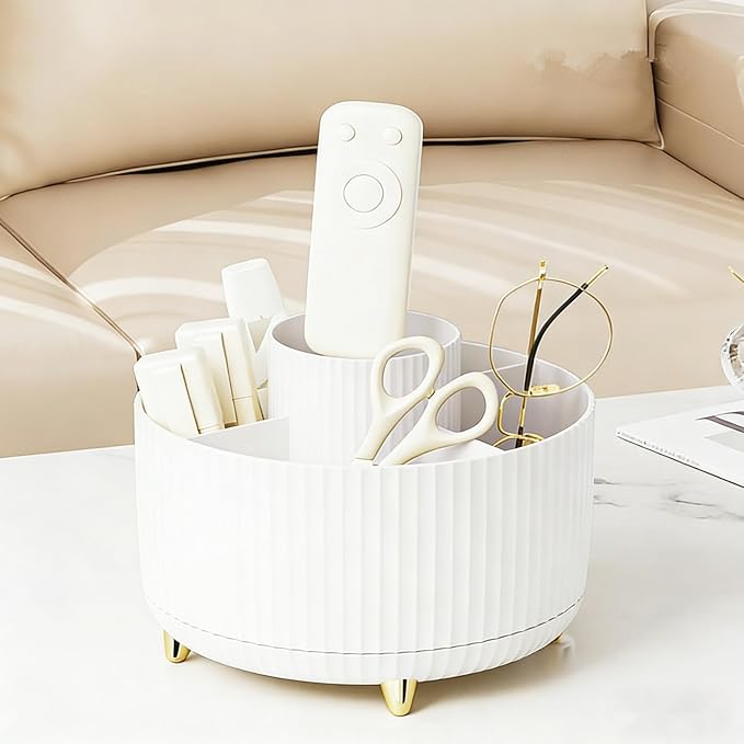 Pencil Pen Holder 5 Slots 360°Degree Rotating Pen Organizers for Desk Desktop Storage Stationery Supplies Cute Pencil Cup Pot Kids Desk Organizer for Office Home School（White 2