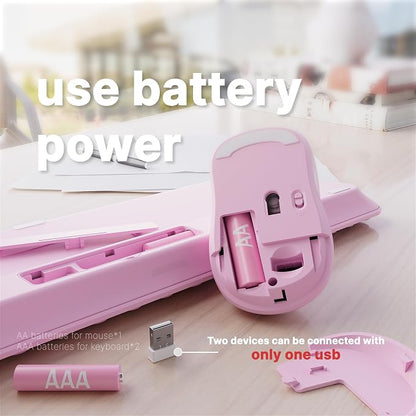 Wireless Keyboard and Mouse Combo with 110 Round Keycaps, Power Switch, and Scissor-Switch Typing Feel – Ideal for Office Use (Pink)