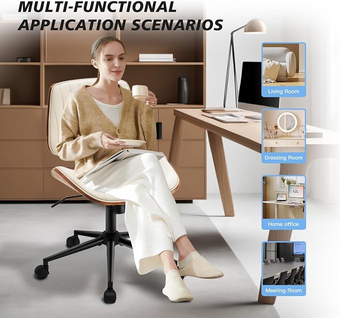 Armless Desk Chair with 360°Swivel Wheels, Ergonomic Adjustable Height Computer Chair for Home Office,PU Leather with Modern Walnut Drafting Chairs for Office, Reading Nook(Beige)