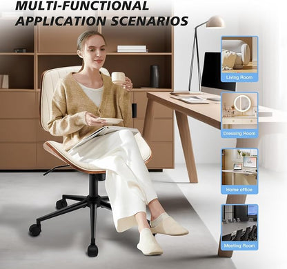Armless Desk Chair with 360°Swivel Wheels, Ergonomic Adjustable Height Computer Chair for Home Office,PU Leather with Modern Walnut Drafting Chairs for Office, Reading Nook(Beige)
