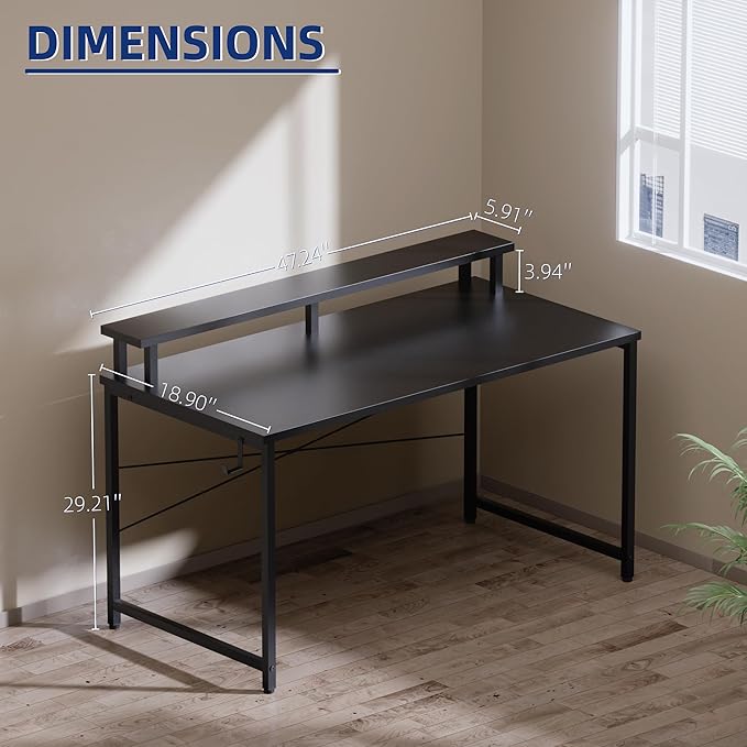 Pamray 47 Inch Small Computer Desk with Monitor Stand, Simple Office Desk with Headphone Hook for Small Spaces, Kids Study Writing Table for Bedroom, Vintage