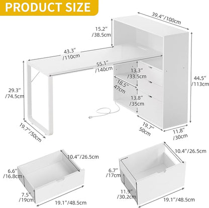 DWVO L Shaped Desk with Drawers, 55" Corner Computer Desk with Bookshelf & Power Outlets & LED Lights, Home Office Desk with Storage Shelves, White