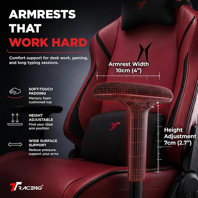 TTRACING Ergonomic Gaming Chair with 22-Inch Extra Wide Seat | Premium cold-molded foam desk seating for home office setup. Features 135° recline and heavy-duty frame Red