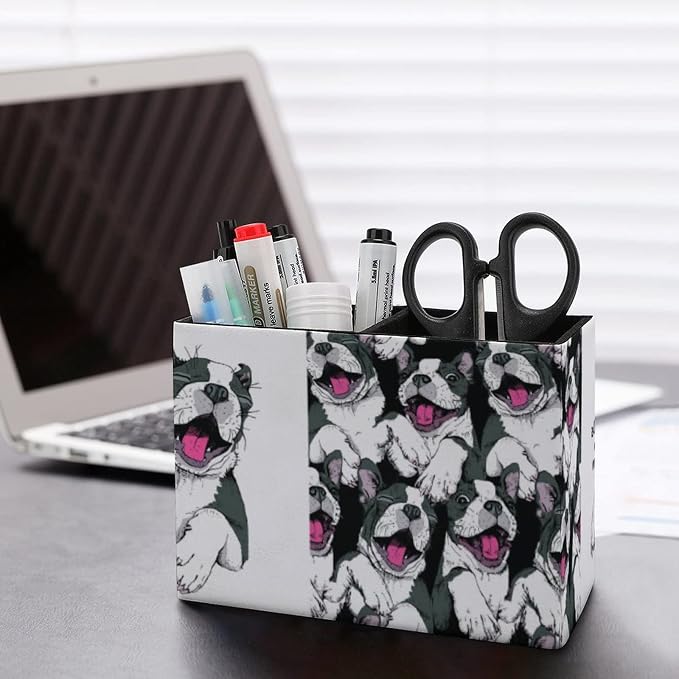 Niapessel Pencil Holder for Desk, Funny Boston Terrier Dog Pen Holder Storage Desktop Pen Organizer Desk Pencil Organizer Makeup Brush Holder for Office School College Leather
