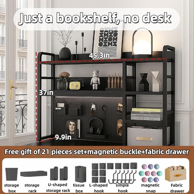 Desktop Bookshelf, pegboard Storage and Organization Rack, Dorm Desk Shelf, Desk Hutch, Desktop Storage for Office, Study, Student Display Rack,Desktop Shelves (Black 45.3" Lx9.9 Wx37 H)