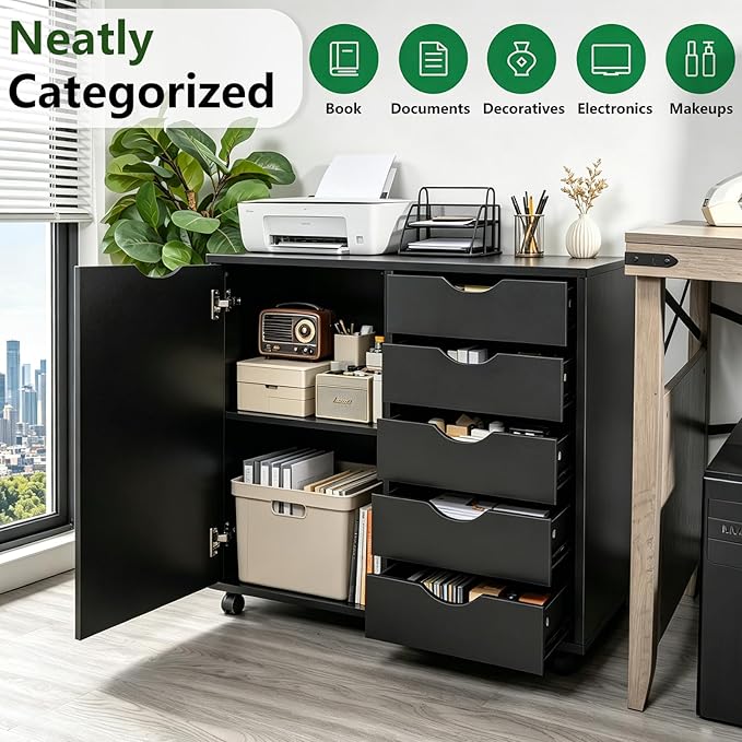 SweetGO 5 Drawer Wood File Cabinet with Wheels, Large Storage Printer Stand for Home Office, Rolling Cabinet Organizer with Reinforced Structure (Black)