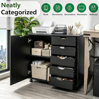 SweetGO 5 Drawer Wood File Cabinet with Wheels, Large Storage Printer Stand for Home Office, Rolling Cabinet Organizer with Reinforced Structure (Black)