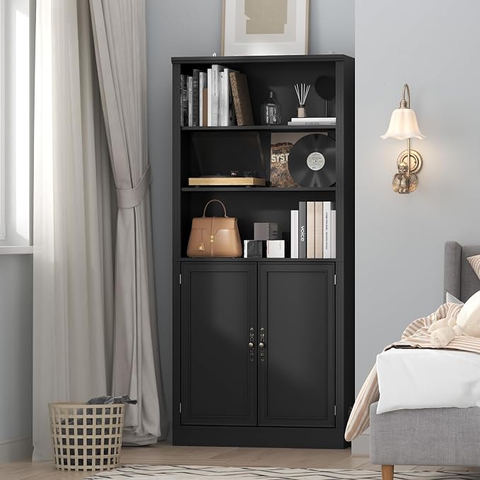 Thacuok 72'' Tall Bookcase with Doors, Adjustable Shelves, P2 MDF Construction, 32'' Wide Freestanding Cabinet with Metal Handles, Hidden Storage for Living Room, Bedroom