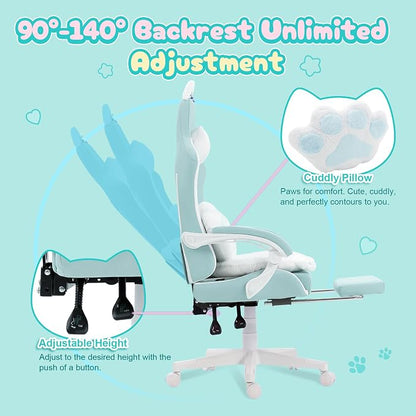 Dowinx Gaming Chair with Cat Ears and Massage Lumbar Support, Ergonomic Computer Chair with Footrest and Headrest, Comfortable Reclining Game Chair 291lbs for Adults, Blue