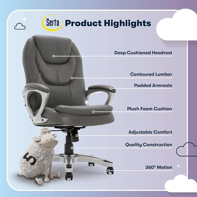 Serta Amplify Executive Office Chair with Faux Leather and Mesh, Adjustable Ergonomic Comfy Seat with Lumbar Support, Modern Computer DeskChairs, Swivel Rolling Wheels, Duo Gray