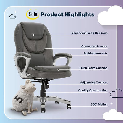Serta Amplify Executive Office Chair with Faux Leather and Mesh, Adjustable Ergonomic Comfy Seat with Lumbar Support, Modern Computer DeskChairs, Swivel Rolling Wheels, Duo Gray