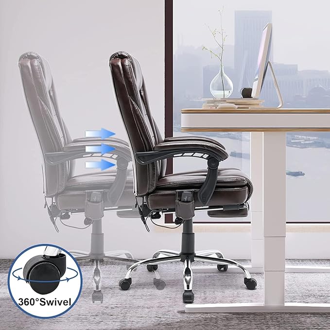 HOMREST 4-Point Massage Reclining Office Chair, Leather Heating Executive Chair, Ergonomic Home Office Desk Chair with Retractable Footrest,Computer Chair for Home Office, Study, Gaming (Brown)