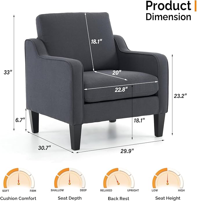 VINGLI Sofa Accent Chairs Set of 2, Comfy Armchair for Living Room Bedroom | Dark Grey, Upholstered Armchair, Premium Linen Fabric, Thick Padded Cushion, Ergonomic Back Support, Versatile for Any Space