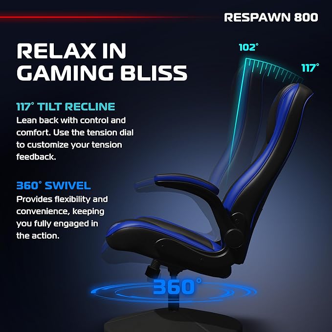 RESPAWN 800 Swivel Rocker Gaming Chair - Ergonomic Floor Gaming Seat with Lumbar Support, Flip Up Armrest, High Back, Pedestal Base, Comfortable No Wheels Console Video Game Rocker Chair - Blue