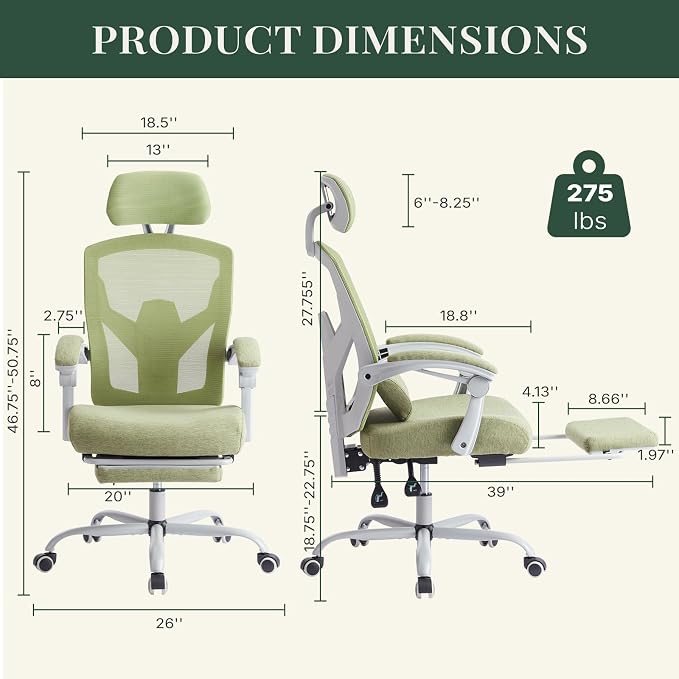 Ergonomic Office Chair with Footrest, High Back Home Desk Computer Chair with Lumbar Support & Headrest, 90-135° Reclining Mesh Back with Wheels for Work, Gaming, Green