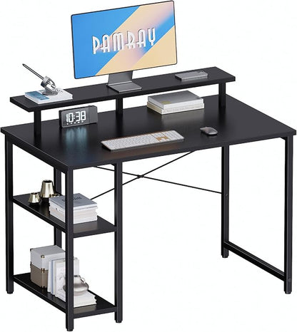 Pamray 33.5 Inch Small Computer Desk with Monitor Stand and Shelves | Sturdy, Space-Saving, Easy Assembly, Suitable for Bedroom, Office, Apartment and Dorm, Used for Writing and Studying