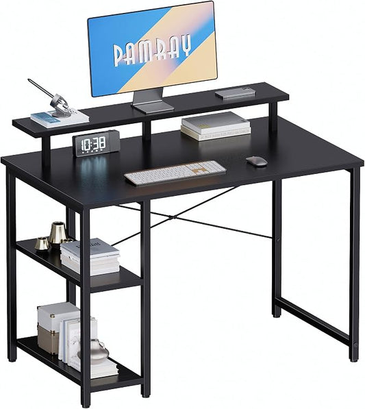 Pamray 33.5 Inch Small Computer Desk with Monitor Stand and Shelves | Sturdy, Space-Saving, Easy Assembly, Suitable for Bedroom, Office, Apartment and Dorm, Used for Writing and Studying