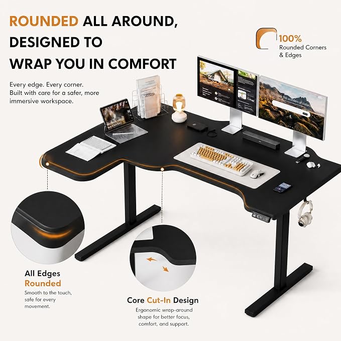 Grandder 47" L Shaped Standing Desk, Electric Height Adjustable Corner Stand Up Desk with Ergonomic Curved Round Corner for Small Apartment Home Office, Black Desktop Black Frame