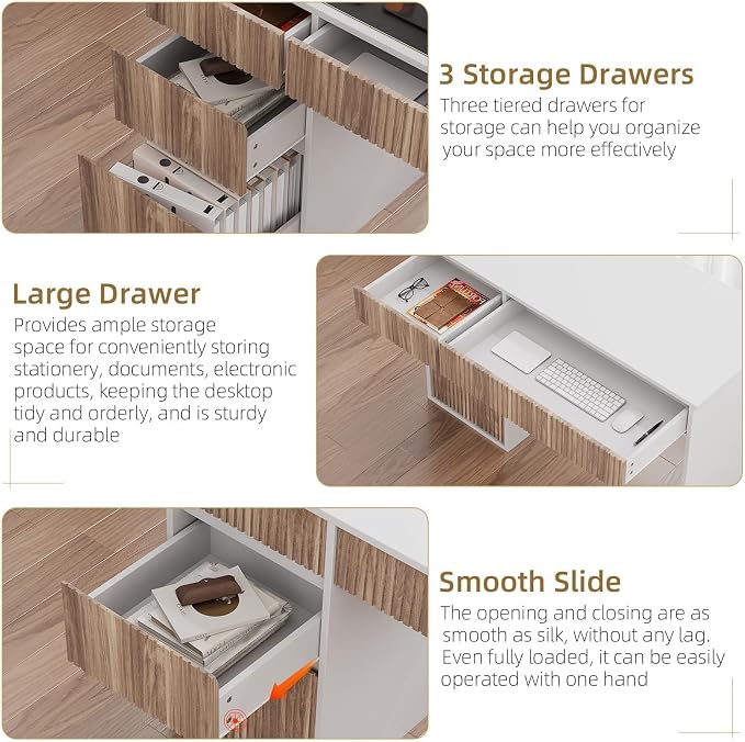 4 EVER WINNER White Desk with Drawers, 48 Inch Small Computer Desk with Storage for Small Spaces, Wood Home Office Desk for Study, Living Room, Bedroom, White