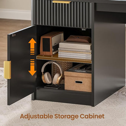 SEDETA 67" x 65" L Shaped Desk with Hutch, RGB LED Corner Computer Desk with Power Outlets, Fluted Home Office Desk with File Drawer, Storage & Glass Display Cabinets for Gaming & Working, Black