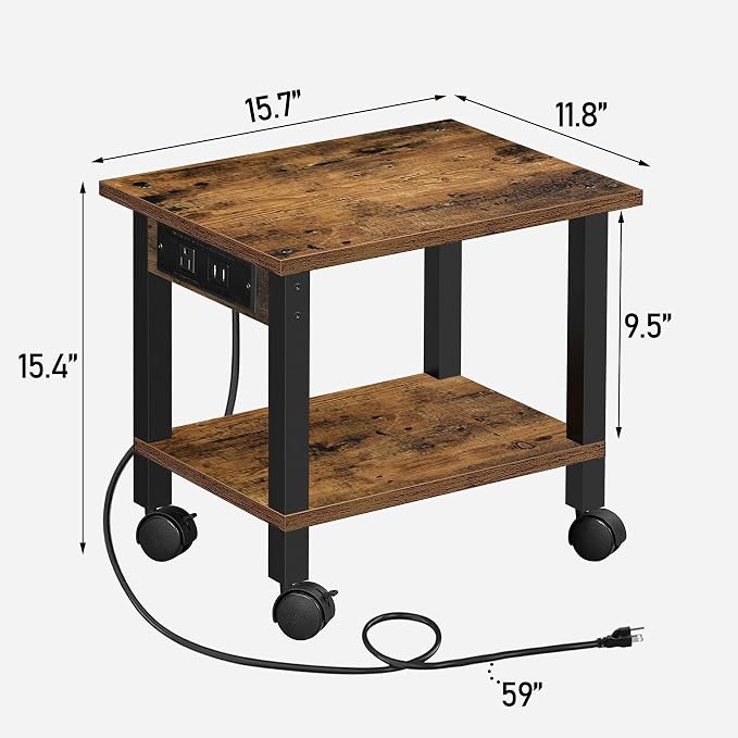 TUTOTAK 2 Tier Printer Stand, Rolling Printer Cart with Power Outlets and USB Ports, Mobile Printer Table with Wheels, for Under Desk, Office, Home,Brown PS01BB001
