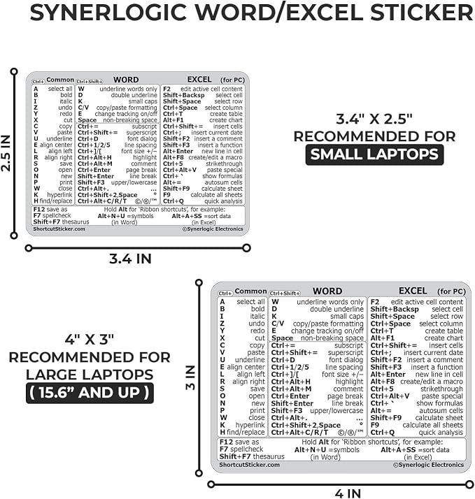 SYNERLOGIC Microsoft Word/Excel (for Windows) Reference Guide Keyboard Shortcut Sticker, Laminated, No-Residue Vinyl (White/Small)