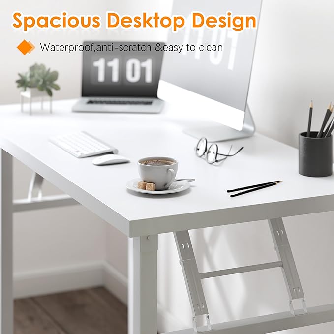 Need 39.4 Inch Folding Desk for Small Spaces, Home Office Computer Desk with White Wood Top & Metal Frame, Foldable Writing Table for Study, Bedroom, Dorm Room & Student