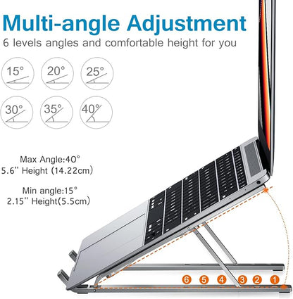 ivoler Laptop Stand, Laptop Holder Riser Computer Tablet Stand, 6 Angles Adjustable Aluminum Ergonomic Foldable Portable Desktop Holder Compatible with MacBook,iPad, HP, Dell, Lenovo 10-15.6” Gray
