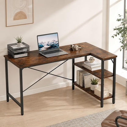 Simple Deluxe L Shaped Gaming Desk, 39 Inch Computer Desk with 2 Shelves, Corner Computer Desk for Gaming, Corner Work, Home Office, Study, Rust