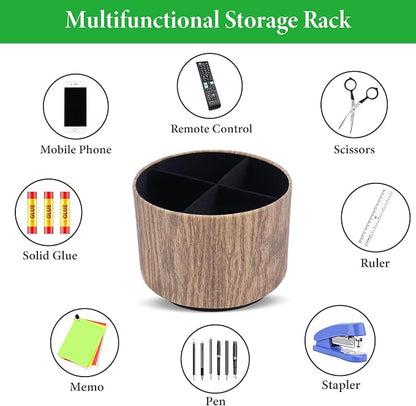 Round Leather Art Supply Organizer,Remote Control Holder,360 Degree Spinning,Multi-Functional Pencil Holder,4 Compartments Desktop Stationary Organizer(1-Thin Wood Brown)