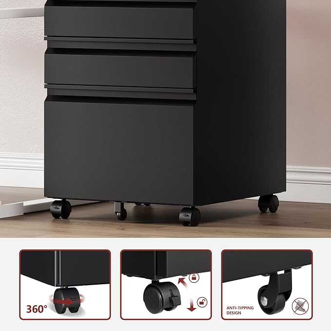 RAVIGIN 3 Drawer File Cabinet，Mobile Filing Cabinet with Lock and Wheels，Un-Assembled Metal Under Desk File Cabinets for A4/Letter/Legal Size（Black