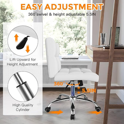 White Office Chair with Wheels - 360° Swivel Armless Back Support，Comfortable Pu Adjustable Rolling Desk Chairs for Office，Home，Vanity，Bedroom，Big Space(Widened White)