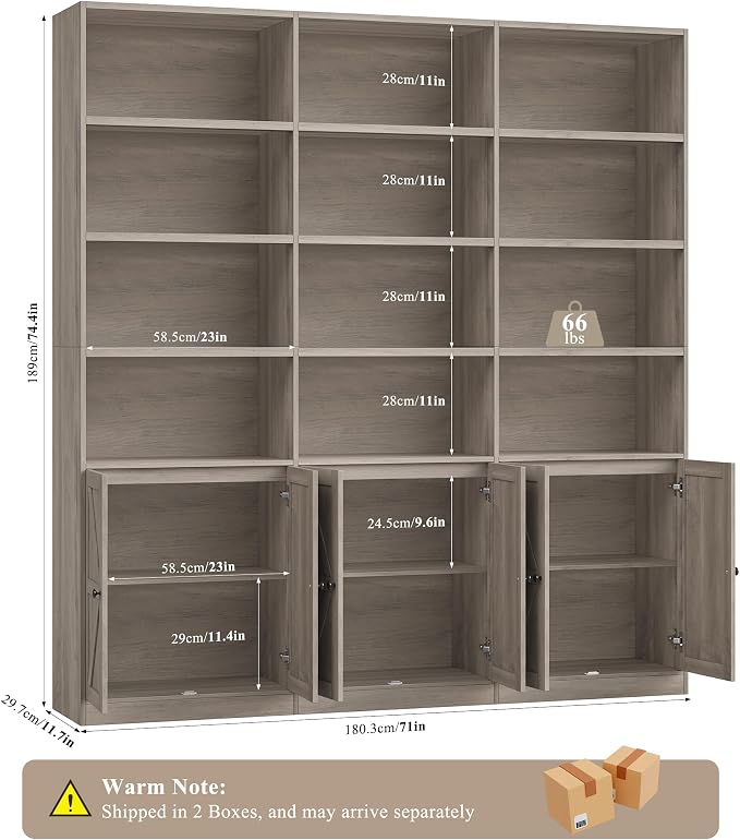 FACBOTALL 75" Triple Wide Bookshelf, Bookshelf and Bookcase with 6 Farmhouse Doors, 71" Wide 6 Tier Book Shelf with 18 Storage Shelves, Large Wooden Bookshelves, Tall Bookcase for Home Office, Gray