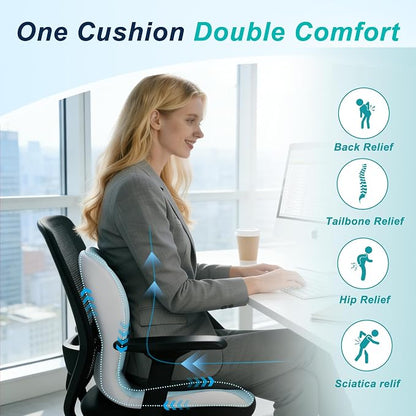 Seat Cushion for Office Chair and Car, Lumbar Support Pillow for Office Chair, Memory Foam Ergonomic Seat Cushion for Long Sitting, Back & Tailbone Pain, Sciatica - Blue & Gray