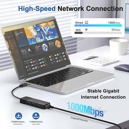 ALL-LUCKY USB to Ethernet Adapter, 4 in 1 USB C to Ethernet Adapter Hub with 3×USB 3.0 Ports, 1000Mbps Network HUB for MacBook, Dell XPS, Surface, HP Laptops (for USB-C Phones & iPad)