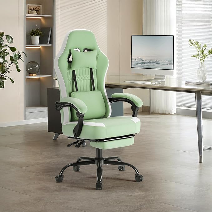 Sweetcrispy Computer Gaming Chair: High Back Ergonomic Desk Chair with Footrest and Lumbar Support, Height Adjustable with Linkage Armrests and Headrest, 360° Swivel Wheels, Fabric, Green