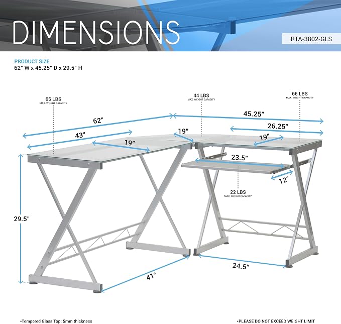 Techni Mobili L Shaped Desk with Keyboard Tray - Efficient Work from Home Desk - Glass L Shaped Desk - Professional Work Desk for Home Office - Versatile Glass Corner Desks for Home Office