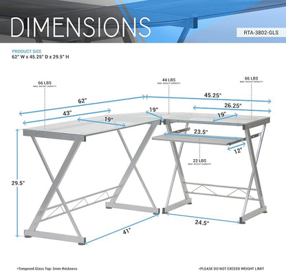 Techni Mobili L Shaped Desk with Keyboard Tray - Efficient Work from Home Desk - Glass L Shaped Desk - Professional Work Desk for Home Office - Versatile Glass Corner Desks for Home Office