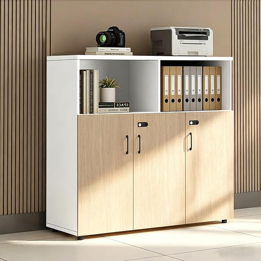 File Cabinet with Password Lock, Wood Lateral Filing Cabinet for Letter/A4 Files, 3 Drawer with Door, Printer Stand with Open Shelves for Home Office
