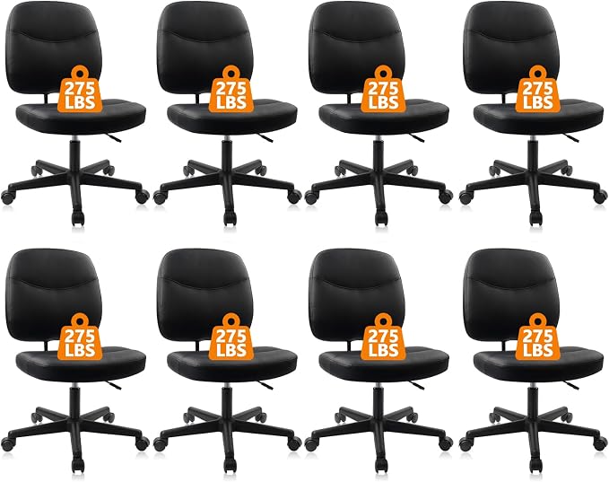CLATINA Armless Home Office Chair, Small PU Leather Ergonomic Low Back Desk Chair with Lumbar Support and Wheels, Adjustable Height 360° Swivel Rolling Computer Task Chair, Black, 8 Pack