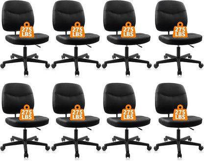 CLATINA Armless Home Office Chair, Small PU Leather Ergonomic Low Back Desk Chair with Lumbar Support and Wheels, Adjustable Height 360° Swivel Rolling Computer Task Chair, Black, 8 Pack