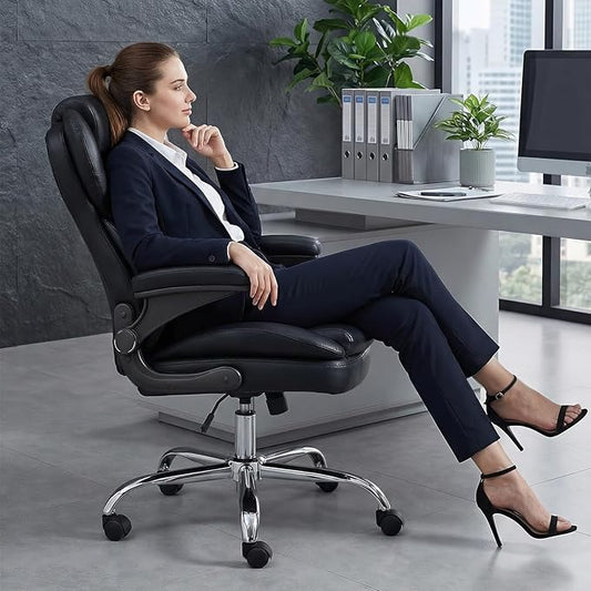 Office Desk Chair, Executive Leather Office Chair, High Back Ergonomic Home Desk Chair with Padded Flip-up Arms, Big and Tall Computer Chair with Rocking Function, 360°Swivel Free, Black