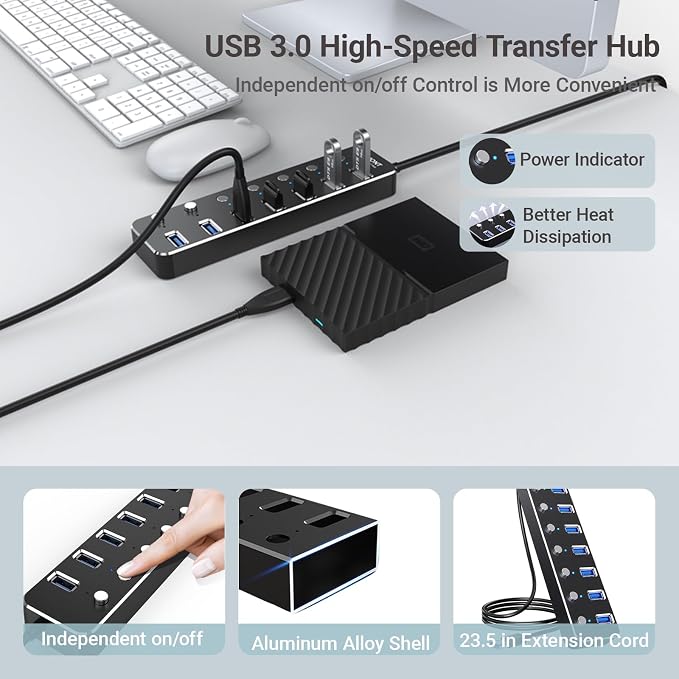 USB 3.0 Hub 7 Port USB Hub with 2ft Long Cable Aluminum USB Hub for Laptop and PC with Individual On/Off Switch and LED Indicator