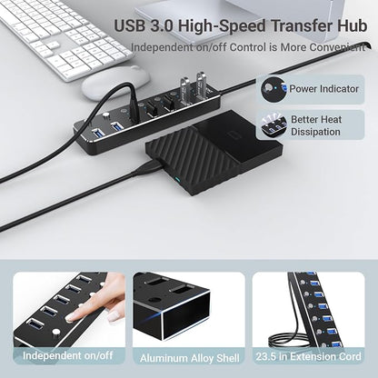 USB 3.0 Hub 7 Port USB Hub with 2ft Long Cable Aluminum USB Hub for Laptop and PC with Individual On/Off Switch and LED Indicator
