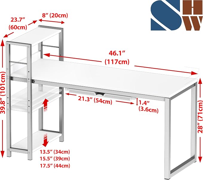 SHW 46-Inch Home Office Mission Computer Desk with Side Shelf and Drawer, White