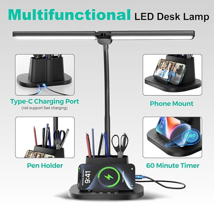 Desk Lamp with USB-C Charging Port and Organizer Base, LED Desk Light with Pen Holder, Phone Stand, 25 Lighting Modes, Flexible Gooseneck Touch Lamp for Home Office, Study Desk, College Dorm Room