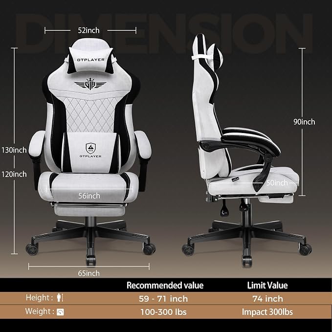 GTPLAYER Gaming Chair with Footrest, Big and Tall Game Chair High Back Computer Office Chair with Lumbar Support for Adults, Ergonomic Swivel Games Chair with Cushion Gaming, Fabric Grey